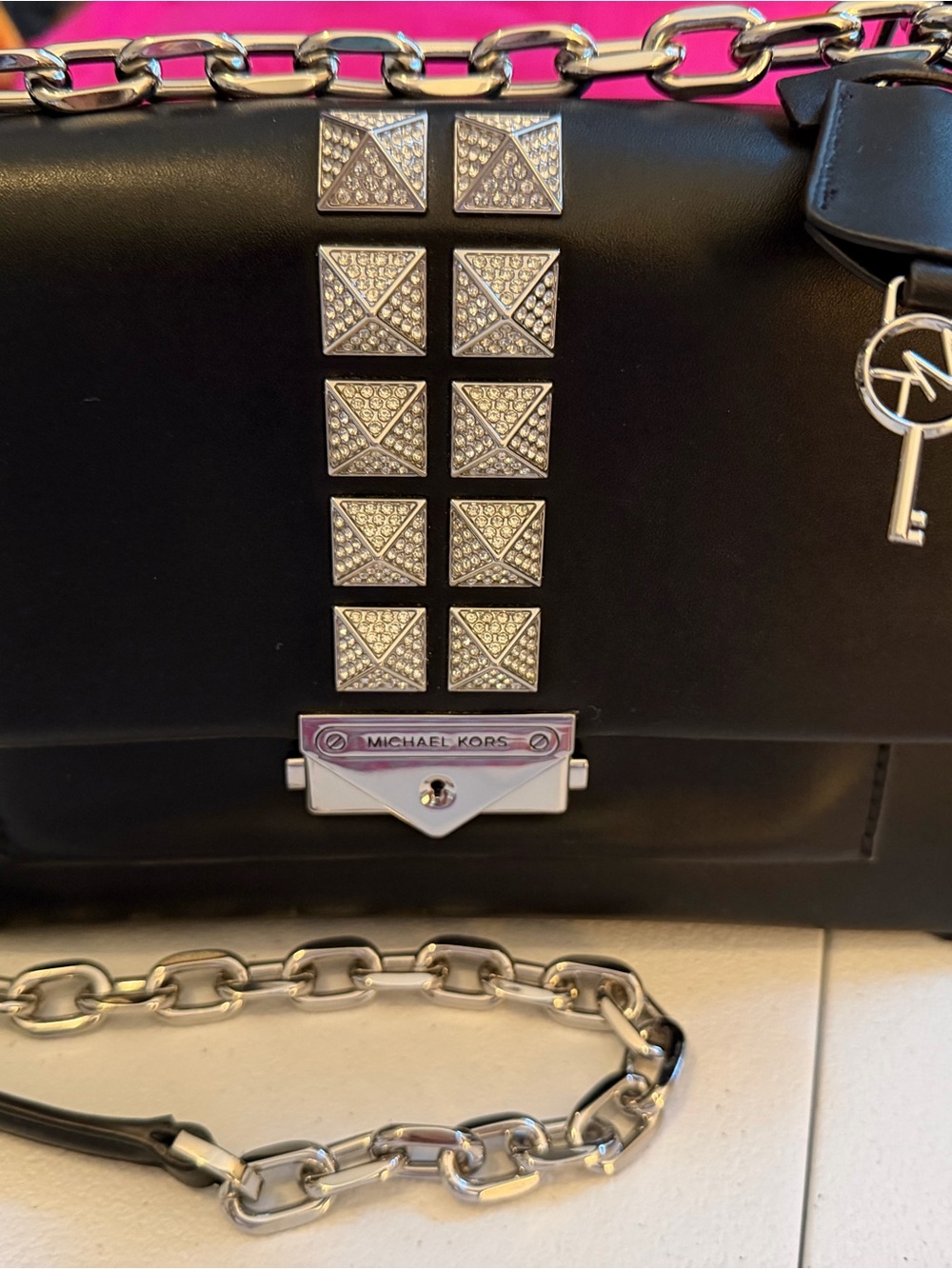 Michael Kors Black Leather Studded Chain Shoulder Bag with Silver Hardware